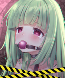 Rule 34 | 1girl, ball gag, bdsm, black choker, blunt bangs, blunt ends, blush, cariboy, chinese commentary, choker, close-up, collarbone, colored eyelashes, commentary request, crying, crying with eyes open, drooling, drop shadow, furrowed brow, gag, gagged, green hair, heart, heart-shaped pupils, highres, hood, hood down, looking afar, mouth drool, multicolored hair, murasame (senren), red eyes, senren banka, sidelocks, simple background, solo, straight hair, streaked hair, streaming tears, symbol-shaped pupils, tears