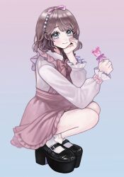 Rule 34 | 1girl, aegyo sal, black footwear, blue eyes, blush, bow, brown hair, candy, closed mouth, collared shirt, commentary request, food, frilled shirt, frills, full body, gradient background, hair bow, hairband, hand on own cheek, hand on own face, hands up, highres, himeno-chan (min), holding, holding candy, holding food, holding lollipop, lollipop, long sleeves, looking at viewer, min (mts2314), original, pink bow, pink skirt, platform footwear, shirt, shoes, sitting, skirt, smile, socks, solo, white shirt, white socks
