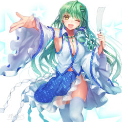 Rule 34 | 1girl, ;d, adapted costume, bad id, bad pixiv id, blue skirt, blush, breasts, cleavage, cowboy shot, detached sleeves, frilled sleeves, frills, frog hair ornament, full body, gohei, green hair, hair ornament, hair tubes, highres, japanese clothes, kochiya sanae, lips, long hair, looking at viewer, medium breasts, miko, miniskirt, nontraditional miko, one eye closed, oonusa, open mouth, outstretched hand, shiny skin, signature, skirt, smile, snake hair ornament, solo, standing, standing on one leg, star (symbol), starry background, swept bangs, thighhighs, thighs, tongue, touhou, tsukiriran, white background, white thighhighs, wide sleeves, yellow eyes