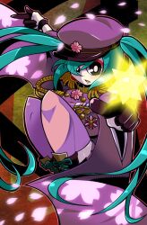Rule 34 | badge, black gloves, blush, boots, cape, cherry blossoms, eyelashes, eyeshadow, gloves, glowing, hat, hatsune miku, long hair, makeup, military, military uniform, official alternate costume, parted lips, pointing, red eyeshadow, senbon-zakura (vocaloid), soxy, star (symbol), thighhighs, twintails, uniform, vocaloid