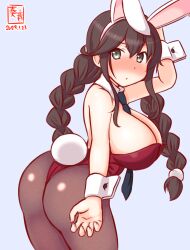 Rule 34 | 1girl, alternate costume, animal ears, artist logo, ass, blue background, blush, bow, bowtie, braid, breasts, brown hair, brown pantyhose, covered navel, cowboy shot, dated, detached collar, fake animal ears, green eyes, kanon (kurogane knights), kantai collection, large breasts, leotard, long hair, looking at viewer, looking away, noshiro (kancolle), one-hour drawing challenge, pantyhose, playboy bunny, rabbit ears, rabbit tail, red leotard, strapless, strapless leotard, tail, traditional bowtie, twin braids, wrist cuffs