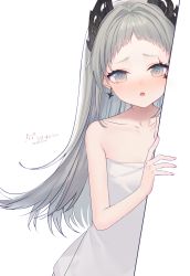 Rule 34 | 1girl, :o, absurdres, arknights, bare arms, bare shoulders, blush, collarbone, cowboy shot, dated, earrings, forehead, grey eyes, grey hair, head wings, highres, irene (arknights), jewelry, long hair, naked towel, ookamisama, open mouth, peeking out, signature, simple background, solo, towel, white background, wings