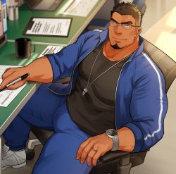 Rule 34 | 1boy, bara, black eyes, black hair, closed mouth, commentary request, facial hair, glasses, goatee, gym teacher, gym uniform, highres, large pectorals, looking at viewer, male focus, mature male, muscular, muscular male, original, pectorals, sakuramarusan, short hair, smile, solo, watch, wristwatch