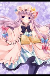 Rule 34 | 1girl, bad id, bad pixiv id, book, crescent, dress, female focus, hat, holding, holding book, irori, letterboxed, long hair, looking at viewer, open book, pantyhose, patchouli knowledge, purple eyes, purple hair, smile, solo, striped clothes, striped dress, touhou, vertical stripes