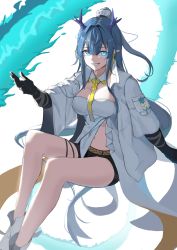 Rule 34 | 1girl, absurdres, arknights, bare legs, black gloves, black shorts, blue eyes, blue hair, boots, breasts, commentary, detached collar, dragon girl, dragon horns, earrings, foot out of frame, gloves, grey hair, hair between eyes, hair intakes, highres, horns, invisible chair, jacket, jewelry, ling (arknights), long hair, looking at viewer, medium breasts, multicolored hair, natoriusu sansei, navel, necktie, off-shoulder shirt, off shoulder, open clothes, open jacket, pointy ears, ponytail, shirt, short shorts, shorts, sidelocks, simple background, sitting, smile, solo, stomach, streaked hair, tassel, tassel earrings, thighs, two-tone hair, white background, white footwear, white jacket, white shirt, wing collar, yellow necktie