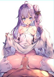 Rule 34 | 1boy, 1girl, ahoge, azur lane, bare shoulders, blue eyes, breasts, censored, clothes lift, collarbone, cowgirl position, cum, cum in pussy, dress, dress lift, girl on top, hair bun, hetero, highres, lifted by self, long hair, medium breasts, mosaic censoring, nipples, cum overflow, penis, perky breasts, purple hair, pussy, redcomet, sex, simple background, single hair bun, solo focus, spread legs, straddling, thighhighs, unicorn (azur lane), vaginal, white background, white dress, white thighhighs
