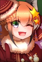 Rule 34 | 1girl, animal ear fluff, animal ears, blue eyes, cape, caracal (kemono friends), caracal ears, christmas, christmas present, extra ears, gift, gloves, hair ornament, hat, highres, hikarikmy, kemono friends, kemono friends v project, long hair, looking at viewer, multicolored hair, one eye closed, open mouth, orange hair, santa costume, santa hat, simple background, smile, snowman, solo, virtual youtuber