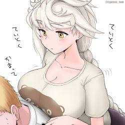 Rule 34 | 1boy, 1girl, admiral (kancolle), alternate costume, asymmetrical hair, blonde hair, blouse, blush, braid, braided ponytail, breasts, cleavage, collarbone, commentary request, cypress, hair between eyes, kantai collection, large breasts, long hair, motion lines, shirt, short hair, short sleeves, simple background, single braid, translation request, twitter username, unryuu (kancolle), upper body, very long hair, white background, white hair, white shirt, yellow eyes