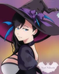 Rule 34 | bat (animal), black hair, blue eyes, braid, breasts, burn the witch, cleavage, dress, hair ornament, halloween costume, hat, highres, jewelry, large breasts, long hair, niihashi noel, pendant, purple dress, purple hat, ribbon, see-through, see-through cleavage, side ponytail, solo, wings, witch, witch hat