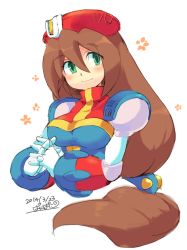 Rule 34 | 1girl, android, beret, blush, breasts, brown hair, cropped torso, gloves, green eyes, hair between eyes, hat, interlocked fingers, iris (mega man), iroyopon, long hair, low-tied long hair, medium breasts, mega man (series), mega man x4, mega man x (series), military hat, one-hour drawing challenge, own hands clasped, own hands together, red hat, simple background, smile, solo, white gloves
