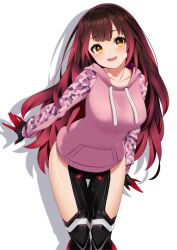 Rule 34 | 1girl, android, blush, breasts, brown hair, camouflage, drawstring, gradient hair, highres, hololive, hood, hood down, hoodie, large breasts, long hair, long sleeves, looking at viewer, mechanical arms, mechanical legs, multicolored hair, no pants, open mouth, pink hoodie, red hair, roboco-san, roboco-san (hoodie), simple background, smile, solo, thigh gap, thighs, virtual youtuber, white background, yellow eyes, yuyu5x