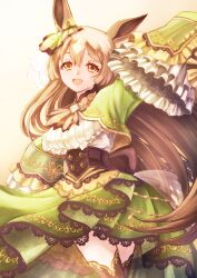 Rule 34 | 1girl, :d, animal ears, arm up, black thighhighs, breasts, brown hair, center frills, commentary request, cropped jacket, frills, green jacket, green skirt, hair between eyes, highres, horse ears, jacket, lace, lace-trimmed skirt, lace trim, large breasts, long sleeves, looking at viewer, open mouth, orange eyes, pleated skirt, satono diamond (umamusume), shirt, skirt, sleeves past fingers, sleeves past wrists, smile, solo, thighhighs, umamusume, white shirt, yukinyan-do