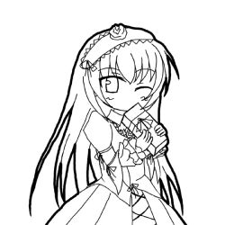 Rule 34 | 00s, 1girl, ;), blush, chibi, cowboy shot, flower, gift, greyscale, hairband, lineart, lolita hairband, long hair, long sleeves, looking at viewer, monochrome, one eye closed, ribbon, rose, rozen maiden, simple background, smile, solo, suigintou, very long hair, white background