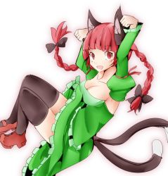 Rule 34 | 1girl, :d, adapted costume, animal ears, arms up, braid, breasts, cat ears, cat tail, cleavage, detached sleeves, floating hair, juliet sleeves, jyaoh0731, kaenbyou rin, long sleeves, multiple tails, open mouth, paw pose, puffy sleeves, red eyes, red hair, smile, solo, tail, thighhighs, touhou, twin braids