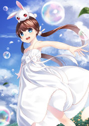 Rule 34 | 1girl, animal, animal on head, blue eyes, blush, brown hair, bubble, rabbit, rabbit hair ornament, rabbit on head, cloud, day, dress, hair ornament, long hair, looking at viewer, low twintails, on head, open mouth, original, outstretched arms, revision, sky, smile, solo, sundress, twintails, unowen