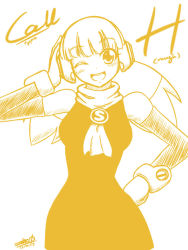 Rule 34 | 1girl, blush, call (mighty no. 9), call h, dated, detached sleeves, dress, hand on own hip, headphones, long hair, mighty no. 9, monochrome, neckerchief, one eye closed, robot, signature, smile, solo, twintails, wink, zilhouette