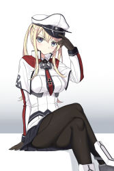 Rule 34 | 10s, 1girl, bad id, bad pixiv id, black pantyhose, blonde hair, breasts, brown gloves, capelet, celtic knot, cnm, crossed legs, female focus, gloves, graf zeppelin (kancolle), grey eyes, grey skirt, hat, hat tip, kantai collection, large breasts, looking at viewer, military, military hat, military uniform, miniskirt, necktie, pantyhose, peaked cap, pleated skirt, sidelocks, sitting, skirt, solo, twintails, uniform, white gloves