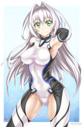 Rule 34 | 10s, 1girl, absurdres, alternate breast size, arm behind back, arm behind head, armpits, bare shoulders, breasts, covered erect nipples, covered navel, elbow gloves, emilia hermit, gloves, green eyes, hair intakes, highres, hundred (light novel), large breasts, long hair, nez-box, silver hair, smile, solo, taut clothes