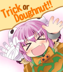 Rule 34 | &gt; &lt;, 1girl, bandages, blush, child, cuffs, double bun, english text, closed eyes, fang, female focus, halloween, halloween costume, ibaraki kasen, ichimi, jack-o&#039;-lantern, open mouth, outstretched arms, pumpkin, shackles, smile, solo, touhou, trick or treat, aged down