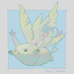 Rule 34 | 765 nanami, :3, character name, digimon, digimon (creature), english text, fake wings, fat pikachu (meme), highres, meme, no humans, solo, tail, tail ornament, tail ring, tailmon, wings