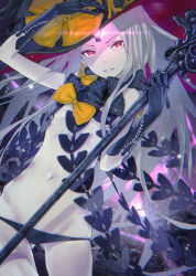 Rule 34 | 1girl, abigail williams (fate), abigail williams (third ascension) (fate), black bow, black gloves, black hat, black panties, bow, breasts, chromatic aberration, claws, commentary request, elbow gloves, fate/grand order, fate (series), forehead, gloves, glowing, glowing eye, gluteal fold, groin, hat, head tilt, highres, holding, keyhole, long hair, looking at viewer, navel, orange bow, pale skin, panties, parted bangs, parted lips, polka dot, polka dot bow, purple eyes, redjuice, revealing clothes, revision, silver hair, skull print, small breasts, smile, solo, staff, thighs, third eye, topless, underwear, v-shaped eyebrows, very long hair, witch hat