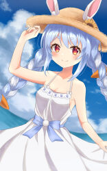 Rule 34 | 1girl, animal ear fluff, animal ears, bare arms, bare shoulders, blue hair, blue ribbon, blue sky, blush, bow, braid, breasts, carrot hair ornament, cleavage, closed mouth, collarbone, day, dress, ears through headwear, flower, food-themed hair ornament, hair ornament, hat, hat flower, highres, hololive, long hair, looking at viewer, multicolored hair, ocean, outdoors, pom pom (clothes), rabbit ears, red eyes, ribbon, rissaaaan, short eyebrows, sidelocks, sky, sleeveless, sleeveless dress, small breasts, smile, solo, spaghetti strap, straw hat, sun hat, sundress, sunflower, thick eyebrows, twin braids, two-tone hair, usada pekora, virtual youtuber, white bow, white dress, white hair