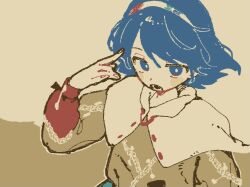 Rule 34 | 1girl, blue eyes, blue hair, blush, bright pupils, brown background, brown shirt, capelet, commentary request, floating hair, hairband, hand up, index finger raised, limited palette, long sleeves, looking at viewer, nama udon, open mouth, shirt, simple background, sleeve cuffs, solo, tenkyuu chimata, touhou, upper body, white pupils