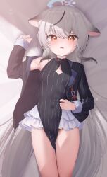 Rule 34 | 1girl, animal ear fluff, animal ears, armpits, bed sheet, black coat, blue archive, blush, china dress, chinese clothes, cleavage cutout, clothing cutout, coat, commentary request, dress, frilled skirt, frills, gradient hair, grey hair, hair between eyes, halo, highres, kokona (blue archive), long hair, long sleeves, looking at viewer, low twintails, lying, multicolored hair, on back, open clothes, open coat, parted lips, pelvic curtain, rryiup, sidelocks, skirt, sleeveless, solo, streaked hair, tiger ears, tiger girl, twintails, two-tone hair, yellow eyes