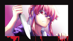 Rule 34 | 1girl, blood, female focus, frown, gasai yuno, hair over one eye, highres, knife, mirai nikki, pink eyes, pink hair, solo, tagme, weapon, yandere, zuo xiang liang