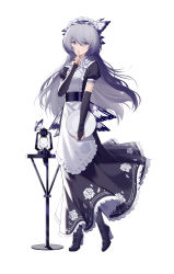 Rule 34 | 1girl, apron, black footwear, boots, bug, butterfly, elbow gloves, finger to mouth, fingerless gloves, flower, full body, gloves, grey eyes, grey hair, high heel boots, high heels, highres, holding, holding plate, index finger raised, bug, lantern, long hair, maid, maid apron, maid headdress, original, plate, puffy short sleeves, puffy sleeves, short sleeves, simple background, solo, uniform, very long hair, white background, youx