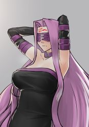 Rule 34 | 1girl, armpits, arms behind head, blindfold, blush, breasts, choker, collarbone, detached sleeves, dress, facial mark, fate/stay night, fate (series), forehead mark, highres, hikichi sakuya, long hair, medium breasts, medusa (fate), medusa (rider) (fate), purple hair, solo, strapless, strapless dress, sweat, very long hair
