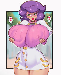 Rule 34 | 1girl, aether foundation uniform, alternate breast size, big hair, blurry, blurry background, breast focus, breast lift, breasts, capelet, coat, covered erect nipples, creatures (company), cropped legs, game freak, glasses, grabbing own breast, green eyes, highres, huge breasts, jakuson z, nintendo, pink-framed eyewear, pink sweater, pokemon, pokemon sm, red lips, ribbed sweater, skirt, smile, solo, standing, sweater, turtleneck, turtleneck sweater, white capelet, white coat, white skirt, wicke (pokemon)