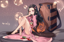 Rule 34 | 1girl, bamboo, bare legs, barefoot, bit gag, black hair, box, breasts, bubble, character name, checkered sash, clothes between thighs, commentary, commentary request, forehead, full body, gag, unworn gag, gradient hair, hair ribbon, haori, highres, japanese clothes, kamado nezuko, kimetsu no yaiba, kimono, lips, long hair, long sleeves, looking at viewer, medium breasts, melailai, multicolored hair, orange hair, pink eyes, pink kimono, ribbon, sitting, smile, solo, sparkle, thighs, two-tone hair, wide sleeves
