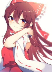 Rule 34 | 1girl, bow, brown eyes, brown hair, closed mouth, commentary, detached sleeves, hair between eyes, hair bow, hair tubes, hakurei reimu, hand in own hair, highres, long hair, looking at viewer, one-hour drawing challenge, red bow, red shirt, red skirt, ribbon-trimmed sleeves, ribbon trim, shirt, sidelocks, simple background, skirt, smile, solo, tama (soon32281), touhou, upper body, white background, wide sleeves