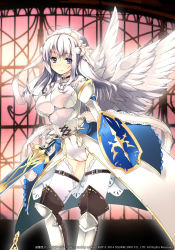 Rule 34 | 1girl, anger vein, armor, blue eyes, breasts, greaves, hairband, kaku-san-sei million arthur, large breasts, looking at viewer, million arthur (series), official art, refeia, shield, silver hair, skirt, smile, solo, sword, thigh strap, thighhighs, weapon, white thighhighs, wings