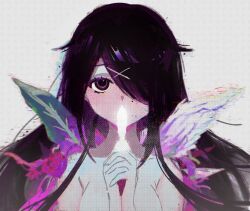 Rule 34 | 1girl, ame-chan (needy girl overdose), asymmetrical wings, black eyes, black hair, covering own mouth, feathered wings, feathers, hair over one eye, highres, holding, holding feather, long hair, looking at viewer, mizureito, needy girl overdose, nude, parody, plant wings, sayonara wo oshiete, sketch, solo, straight-on, upper body, wings