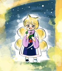 Rule 34 | 1girl, aged down, animal ears, blonde hair, blue footwear, commentary request, dress, fox ears, fox tail, full body, komaku juushoku, looking at viewer, multiple tails, night, no headwear, open mouth, shoes, short hair, sky, smile, solo, star (sky), starry sky, tabard, tail, touhou, walking, wallet, white dress, wide sleeves, yakumo ran, yellow eyes