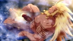 Rule 34 | 1boy, bara, bare pectorals, beard, blonde hair, blue eyes, bwanga, censored, completely nude, dungeon and fighter, erection, facial hair, highres, konohanaya, large pectorals, looking at viewer, male focus, manly, mosaic censoring, muscular, nipples, nude, old, old man, partially submerged, pectorals, penis, short hair, solo, tattoo, thick thighs, thighs, tied beard, veins, veiny penis, wet