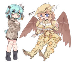 Rule 34 | 2girls, :d, animal ears, armor, armored boots, bird wings, black footwear, black souls, blue eyes, blue hair, boots, breasts, broken horn, brown horns, brown wings, cleavage cutout, clothing cutout, cow ears, cow horns, dress, ear tag, faulds, feathered wings, flat chest, flying sweatdrops, full body, furrowed brow, green eyes, griffy (black souls), hair between eyes, hand up, hands up, helmet, high heels, holding, holding ladle, horns, korean text, ladle, light blue hair, long sleeves, medium breasts, mock turtle (black souls), multiple girls, musical note, nyong nyong, open mouth, orange hair, pauldrons, ribbed dress, short hair, shoulder armor, simple background, smile, sweater, sweater dress, turtleneck, underboob, underboob cutout, v-shaped eyebrows, white background, winged helmet, wings, yellow armor, yellow headwear