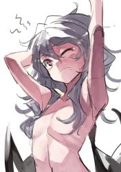 Rule 34 | 1girl, ;(, absurdres, alternate hair length, alternate hairstyle, arm up, armpits, azuki (azuki-taste), bat wings, blush, breasts, collarbone, commentary, fang, fang out, frown, hair between eyes, hair censor, hair over breasts, highres, long hair, looking up, low wings, messy hair, nude, one eye closed, purple hair, red eyes, remilia scarlet, simple background, sketch, small breasts, solo, tears, touhou, upper body, white background, wings