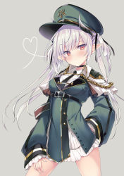 Rule 34 | 1girl, armband, belt, black necktie, blush, breasts, capelet, choker, commentary request, cowboy shot, dress, epaulettes, green hat, green jacket, hair between eyes, hand on own hip, hand on own thigh, hat, heart, highres, horns, jacket, kaniya shiku, long hair, long sleeves, looking at viewer, medium breasts, military, military hat, military uniform, necktie, original, peaked cap, pointy ears, red eyes, shirt, simple background, sleeves past wrists, solo, uniform, white capelet, white dress, white hair, white shirt