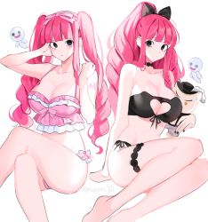Rule 34 | 1girl, 2others, bikini, black bow, black bra, black eyes, black panties, blunt bangs, bow, bra, breasts, character doll, choker, cleavage, cleavage cutout, clothing cutout, drill hair, frilled bikini, frills, garters, ghost, hair bow, heart cutout, joman, large breasts, lingerie, long hair, looking at viewer, multiple others, one piece, panties, perona, pink bikini, pink bow, pink hair, pink panties, ponytail, side-tie panties, swimsuit, thick thighs, thighs, twintails, underwear, white background