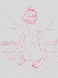 Rule 34 | 1girl, ahoge, ass, back, breasts, cloud, completely nude, feet, female focus, furina (genshin impact), genshin impact, grey background, kneeling, lips, looking at viewer, looking back, nude, on floor, pinup (style), short hair, sketch, solo