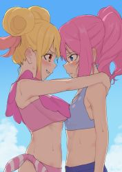 Rule 34 | 2girls, aikatsu!, aikatsu! (series), armpits, asymmetrical docking, backlighting, bikini, blonde hair, blue background, blue bikini, blue eyes, blue sky, blush, breast envy, breast press, breasts, character request, closed mouth, cloud, day, double bun, eye contact, flat chest, from side, grin, hair bun, heads together, highres, hug, long hair, looking at another, matching outfits, medium breasts, midriff, multicolored hair, multiple girls, osame, outdoors, pink bikini, pink hair, ponytail, profile, red eyes, side-tie bikini bottom, sideways mouth, simple background, sky, smile, sweat, swimsuit, tsurime, two-tone hair, upper body, wet, white background, yuri