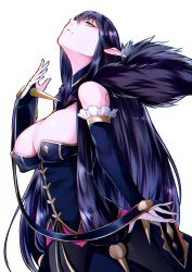 Rule 34 | 1girl, absurdres, bare shoulders, black detached sleeves, black dress, black hair, breasts, bridal gauntlets, chromatic aberration, cleavage, closed mouth, detached sleeves, dress, fate/apocrypha, fate/grand order, fate (series), female focus, frilled detached sleeves, frills, fur trim, hair between eyes, head back, highres, large breasts, len (hand linke), long dress, long hair, looking at viewer, neck, pointy ears, semiramis (fate), simple background, solo, spikes, standing, type-moon, white background, yellow eyes