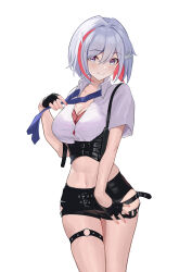 1girl absurdres black_gloves black_shorts blue_eyes blue_necktie cowboy_shot crop_top fingerless_gloves gloves grey_hair hair_ornament highres honkai:_star_rail honkai_(series) midriff multicolored_hair navel necktie red_hair senbonsang shirt short_hair short_shorts short_sleeves shorts simple_background solo standing stomach streaked_hair thigh_strap thighs topaz_(honkai:_star_rail) underbust white_background white_shirt