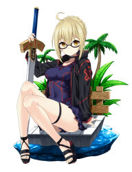 Rule 34 | 1girl, ahoge, artoria pendragon (fate), black choker, black footwear, black jacket, blonde hair, braid, breasts, choker, covered abs, crown braid, excalibur (fate/stay night), fate/grand order, fate (series), feet, glasses, hair between eyes, hotori (sion), jacket, legs, looking at viewer, medium breasts, mysterious heroine x alter (fate), palm tree, sandals, sitting, solo, strappy heels, swimsuit, thigh strap, thighs, toeless footwear, toes, tree, yellow eyes