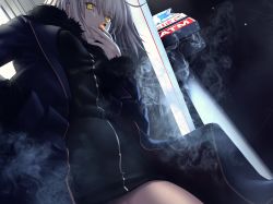 Rule 34 | 1girl, ahoge, black dress, breasts, cigarette, coat, dress, fate/apocrypha, fate/grand order, fate (series), fur-trimmed coat, fur trim, hand in pocket, highres, holding, holding cigarette, jeanne d&#039;arc (fate), jeanne d&#039;arc alter (avenger) (fate), jeanne d&#039;arc alter (fate), kawanakajima, large breasts, looking at viewer, night, short dress, short hair, silver hair, smoke, smoking, solo, storefront, tsurime, yellow eyes