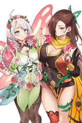 Rule 34 | 2girls, absurdres, ahoge, asymmetrical legwear, bare shoulders, blue eyes, braid, breasts, brown eyes, brown hair, brown pantyhose, butterfly hair ornament, butterfly wings, capelet, closed mouth, commentary, english commentary, fairy, fairy wings, fire emblem, fire emblem fates, fire emblem heroes, flower, food print, french braid, gradient clothes, green bracelet, green hairband, grey hair, hair ornament, hair over one eye, hair vines, hairband, harness, highres, insect wings, kagero (fire emblem), kagero (resplendent) (fire emblem), large breasts, leaf bracelet, leather belt, looking at viewer, low twin braids, low twintails, medium breasts, multiple girls, nina (fire emblem), nina (resplendent) (fire emblem), nintendo, official alternate costume, pantyhose, parted bangs, pinepin, pink capelet, pink flower, plant, scarf, thorns, twin braids, twintails, v, vine print, vines, watermelon print, white flower, wings, yellow scarf