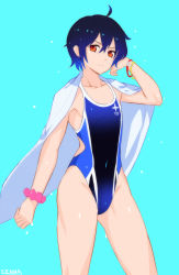 Rule 34 | 1boy, ahoge, akikawa senna, aqua background, black hair, blue background, blue hair, blue one-piece swimsuit, bob cut, bracelet, clothing cutout, competition swimsuit, crossed bangs, frown, highres, jewelry, legs apart, looking at viewer, male focus, one-piece swimsuit, phantasy star, phantasy star online 2, red eyes, scrunchie, short hair, side cutout, solo, standing, swimsuit, towel, towel around neck, trap, wrist scrunchie